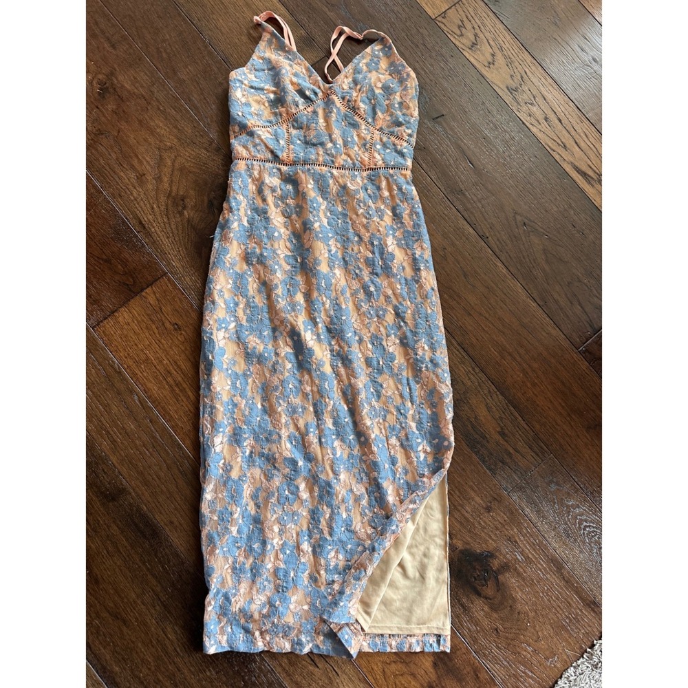 Anthropologie NSR Blue Peach Floral Lace Midi Dress Small Lace Up Cocktail